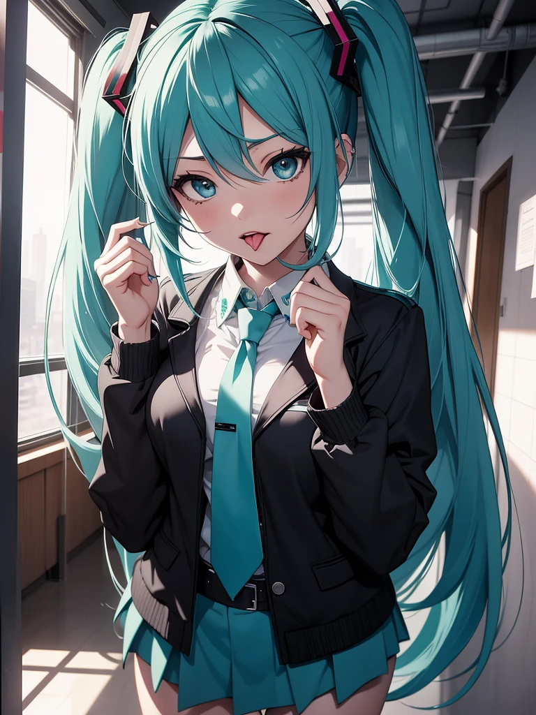 hatsune miku, emo, goth, black hair, school wear, showing the tongue, big tits