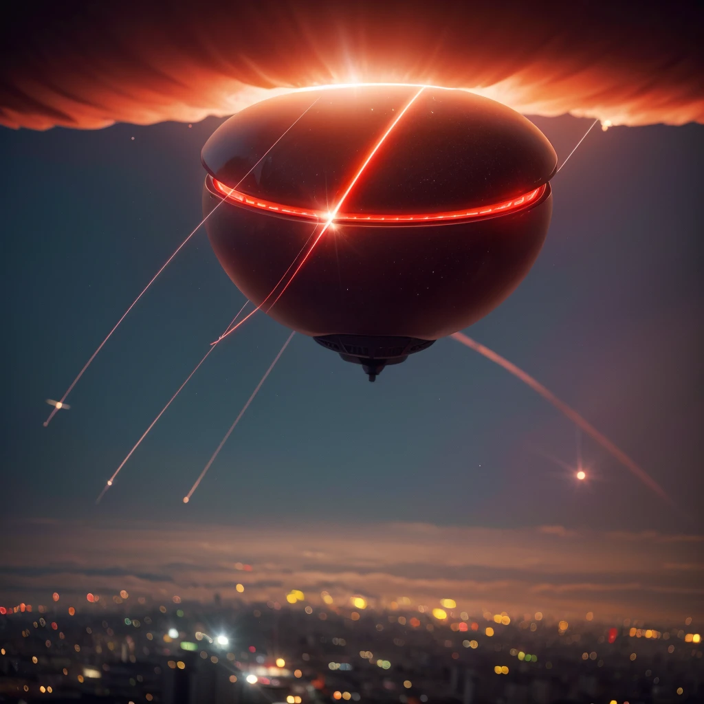 metallic blood red UFO seen up close, sunny day, daytime sky of a large city, it is possible to see the luminous pattern of the trajectory at 90º
