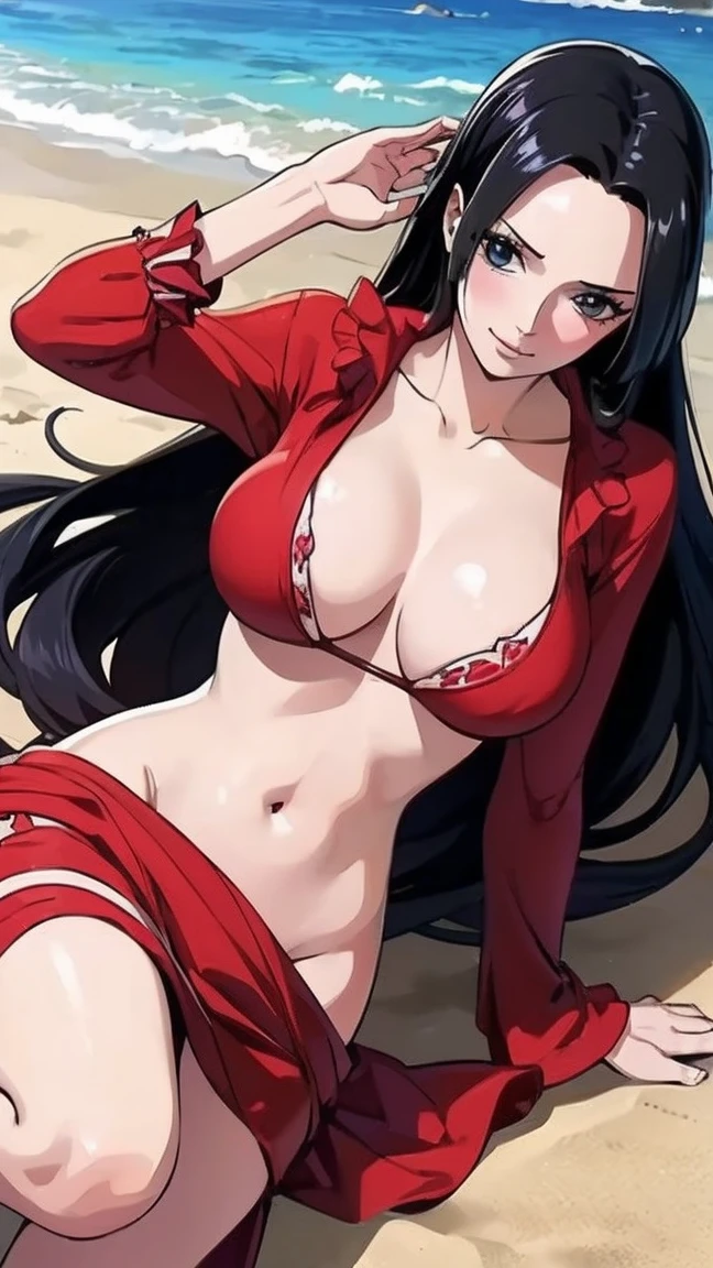 best quality, masterpiece, highly detailed,1girl, (detail light), Boa Hancock,, (masterpiece:1.5), Detailed Photo, Smiling,(8K, Photorealistic, Best Quality: 1.4), (1girl), Beautiful Face, (anime realistic Face), (Black Hair, long Hair: 1.3), Beautiful Hairstyle, Realistic eyes, beautiful detail eyes, (realistic skin), beautiful skin, absurd, attractive, ultra high resolution, ultra realistic, high definition, beach background, large breasts, red robe