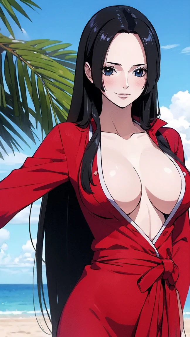 best quality, masterpiece, highly detailed,1girl, (detail light), Boa Hancock,, (masterpiece:1.5), Detailed Photo, Smiling,(8K, Photorealistic, Best Quality: 1.4), (1girl), Beautiful Face, (anime realistic Face), (Black Hair, long Hair: 1.3), Beautiful Hairstyle, Realistic eyes, beautiful detail eyes, (realistic skin), beautiful skin, absurd, attractive, ultra high resolution, ultra realistic, high definition, beach background, large breasts, red robe