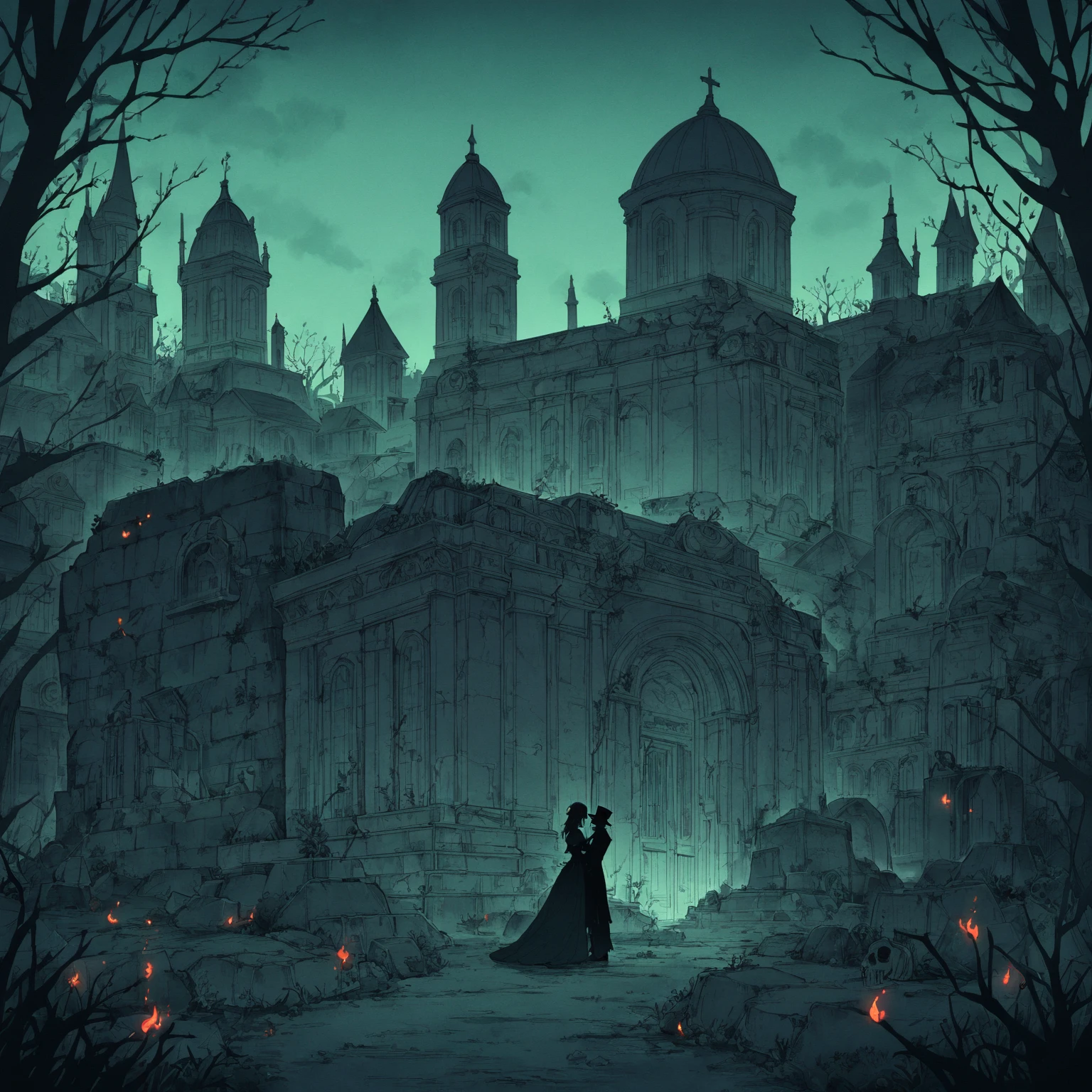 1 bride, 1 groom, haunted cemetery, hugging, heart silhouette, translucent flames, clay tombs, tombstones, mausoleum, overgrown moss thorns roses, Tim Burton-style horror, vivid colors, dramatic luminosity, high contrast, perfect anatomy, best quality, intricate details, textured perfectly