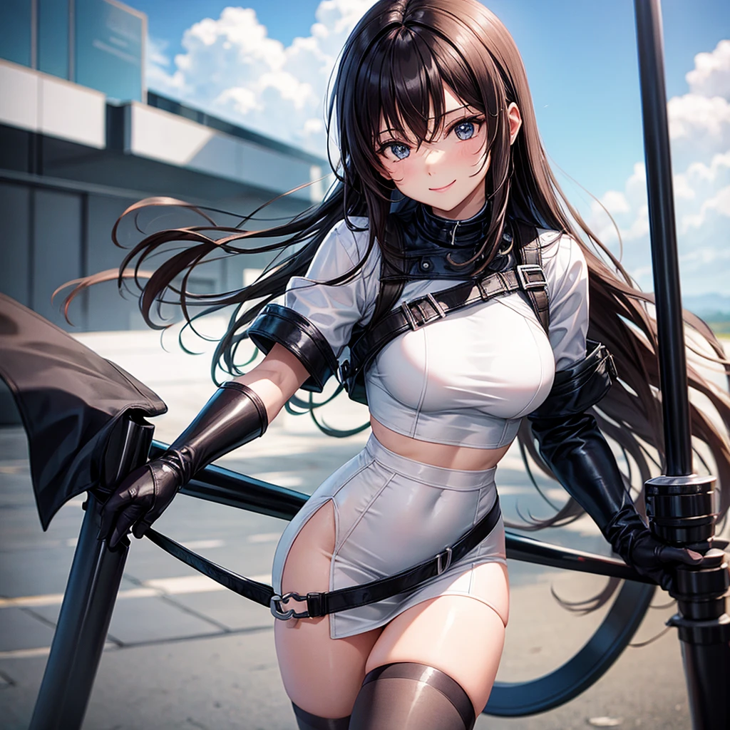 girl in a white shirt and black skirt ,in black tight tights ,brown-haired , in rubber gloves, full length pulls on the glove , Erotic smile