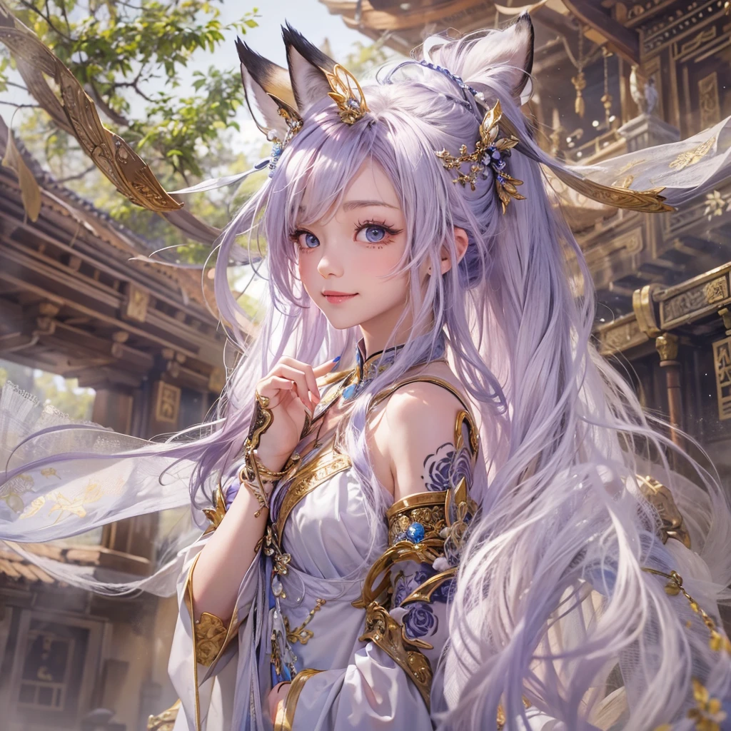 Hiding in an ancient shrine、Hair flow、 ((Highest quality、masterpiece、8K、Best image quality、Ultra-high resolution、Award-winning works)、(Accurate anatomy:1.1)、(Look at me and smile:1.1)、Shining fair skin with Ultra-high resolution、The most detailed face、Ultra-high resolution detailed face、Ultra-high resolutionの髪の毛、(Ultra-high resolutionの煌めく瞳:1.1)、Beautiful face drawn in every detail、(Blurred Background:1.1)、Ancient maiden costume, Chest to chest, tattoo、Other than white fox 