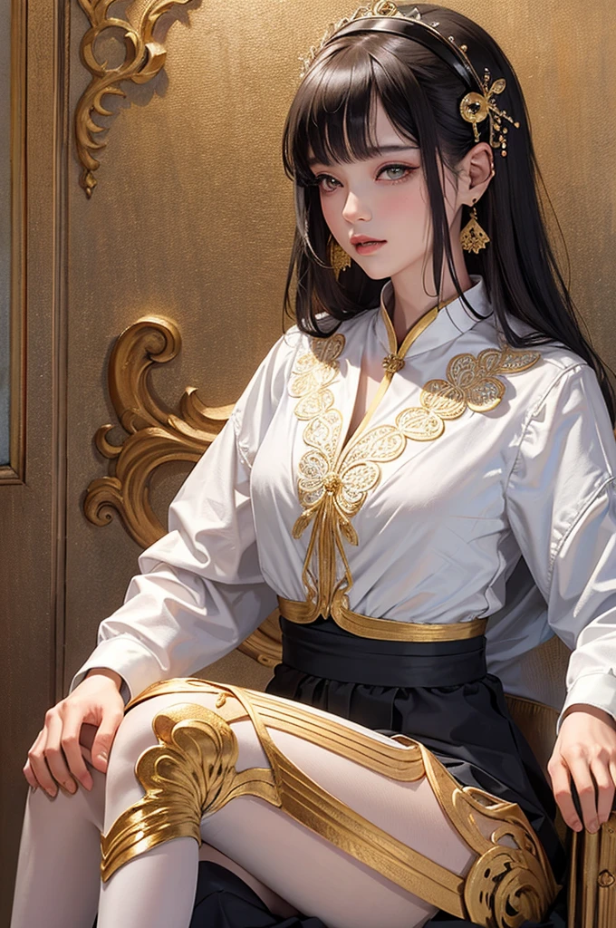 (masterpiece, top quality, best quality, official art, beautiful and aesthetic:1.2), (1girl), extreme detailed,colorful,highest detailed, official art, unity 8k wallpaper, ultra detailed, beautiful and aesthetic, beautiful, masterpiece, best quality, (zentangle, mandala, tangle, entangle) ,holy light,gold foil,gold leaf art,glitter drawing, PerfectNwsjMajic, มีผู้หญิงคนหนึ่งในชุดสีขาวและผ้าพันคอสีชมพู, anime คอสเพลย์, anime girl คอสเพลย์, ฮานฟู่สีขาว, เทพผมขาว, พระราชวัง ， หญิงสาวในชุดฮันฟู, อะนิเมะสาวไทย, อะนิเมะเทพธิดา, คอสเพลย์, ornate คอสเพลย์, จักรพรรดินีแฟนตาซีที่สวยงาม, คอสเพลย์er, elegant glamourous คอสเพลย์, คอสเพลย์ photo, เจ้าแม่ญี่ปุ่น, ทรงผมตัดฮิเมะสีขาว, ayaka คอสเพลย์