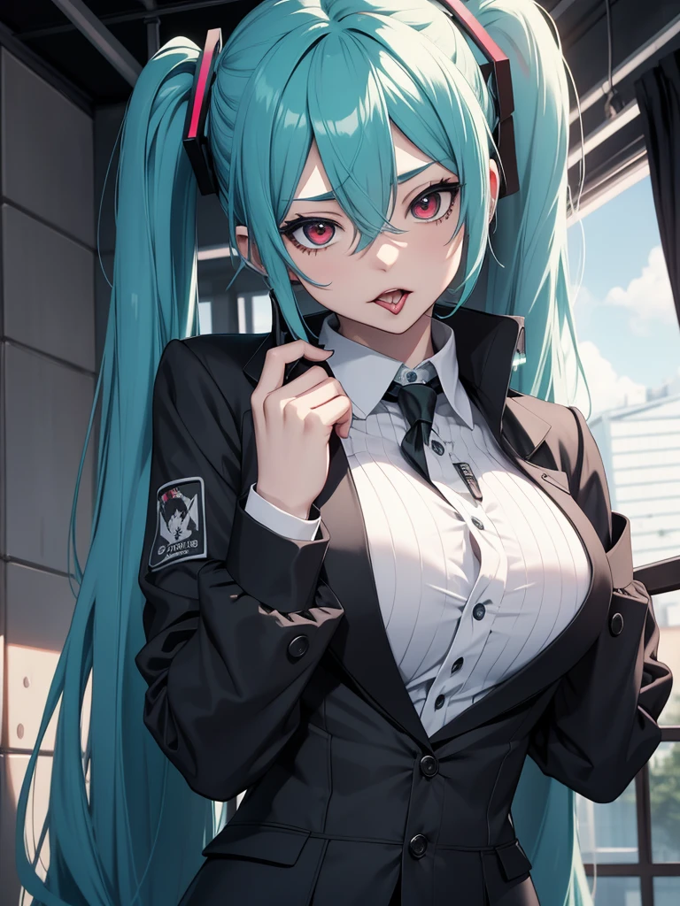 hatsune miku, emo, goth, red eyes, school wear, showing the tongue, big tits