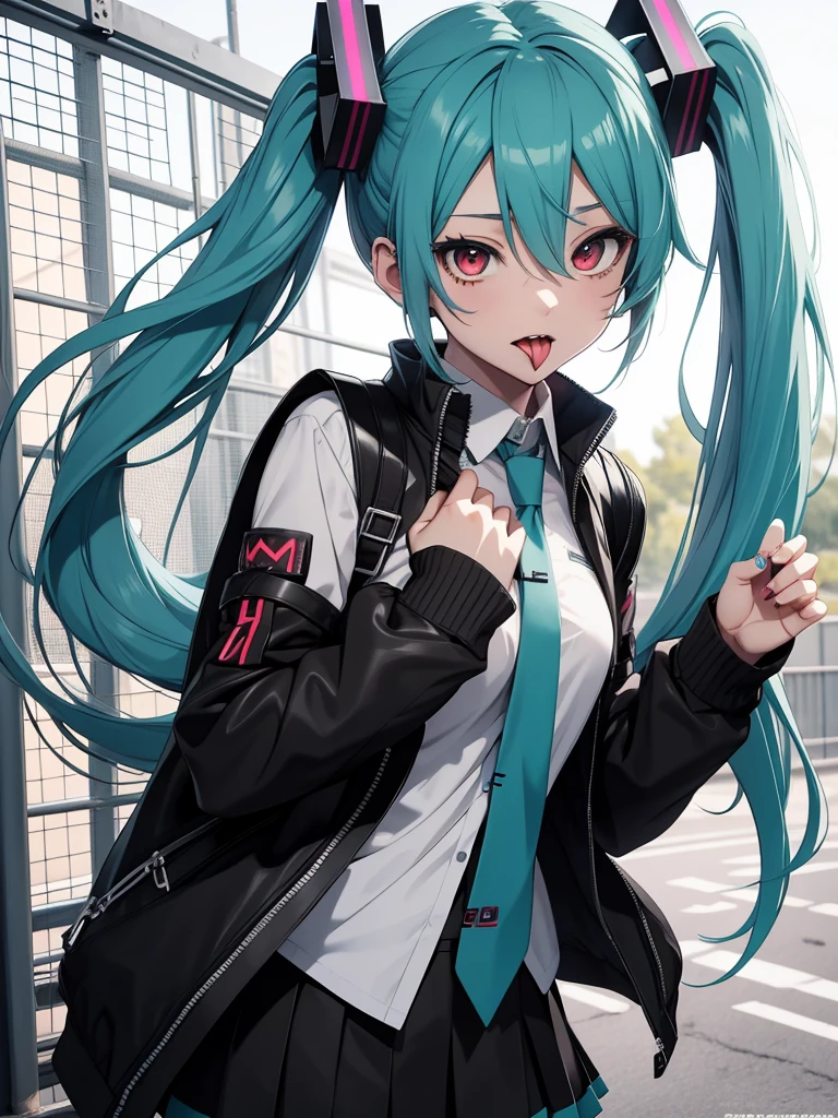 hatsune miku, emo, goth, red eyes, school wear, showing the tongue, big tits