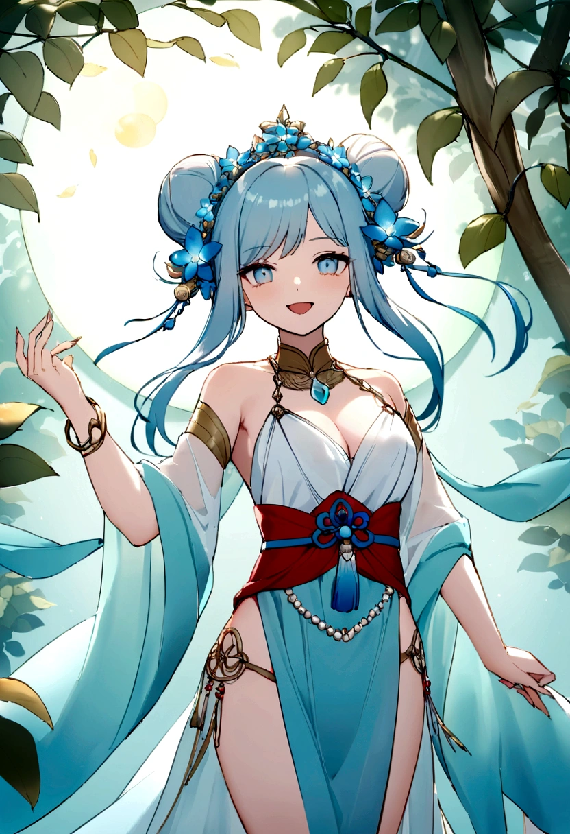 Drawing of a fish lady wearing a gorgeous combination of ancient Greek and Miao traditional costumes，She has black fish scales，The delicate jade-like face reveals gentleness and wisdom。She wore a beautiful bun on her head.，Decorated with pearls and crystals，Like the moon in the water。Her blue eyes are bright and clear，It seems to be able to see through people's hearts。She holds a handful of water plants，Gently fiddle with the room，Rippling water，The notes are as melodious as spring water。A tranquil water backdrop，Breeze in the wind，The lotus leaf swayed，Reflecting her gentle smile，Exudes a tranquil and peaceful atmosphere。She was dressed in black，It highlights her graceful figure。Her charming smile，Sharp teeth looming in the mouth。Her dress is not a combination of ancient Greek robes and Chinese cloth，Wear a blue belt，A red belt around the neckline。It&#39;s night，Her blue eyes sparkle like a ghost。