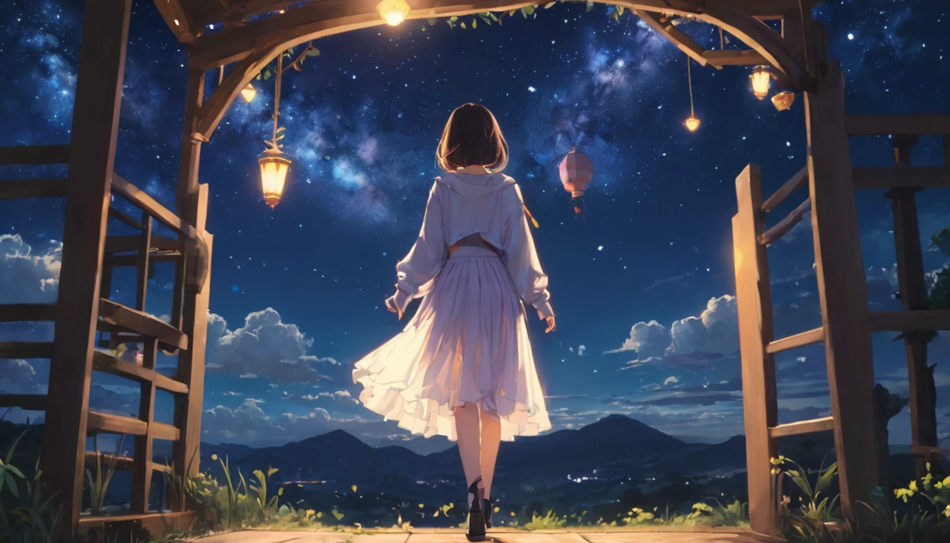 Libra、Night view、Starry Sky、girl、１７age、Back view、skirt