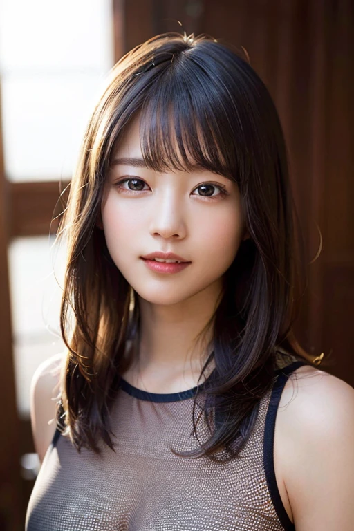 (8K、RAW Photos、Highest quality、masterpiece:1.2)、(Realistic、Realistic:1.37)、Very detailed、Ultra-high resolution、1 Girl、View your viewers、Beautifully detailed face、Laughter、narrow、(Slim waist) :1.3)、Solo mesh see-through top、Beautiful and detailed skin、Skin Texture、Floated hair、Professional Lighting、
