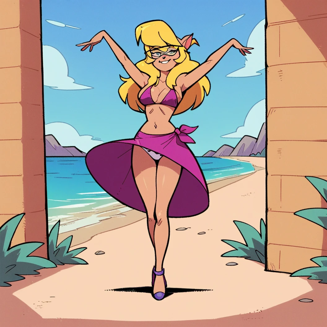 score_9, score_8_up, score_7_up, score_6_up, score_5_up, score_4_up, (Source furry), (rating nsfw), 1girl solo, outdoors, beachfront, looking at viewer, glasses, callie briggs, detailed, front view, standing, wiggling her hips, full view, legs, purple heels, hula dance, thicc, grass hula skirt, beach, blonde hair, dancing, sexy, head turned to viewer, panties at ankles