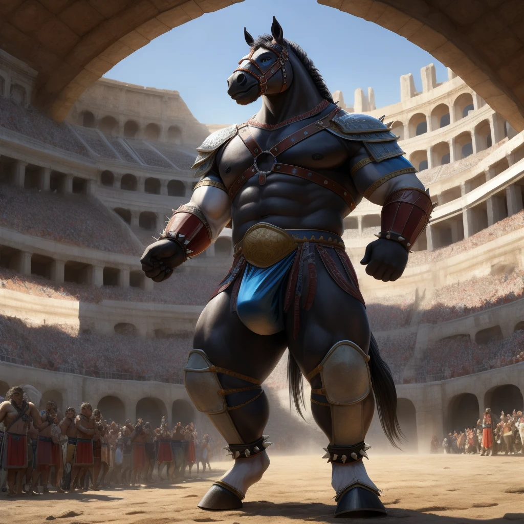 Furry, Kemono, Antropomorphic, Equine, solo, (Color White), Furry Antropometric legs, Hooves, Antro body, Bigg Ass, Male Bulge, Bigg Balls, Full body, Braided Mane, Roman gladiator armor, Gladiator, Black leather harness, Spiked Anklet, Roman arena with public in the stands, Blue Pupil Eyes, High Resolution, 4K Detailed, Good Lighting, Beautiful, Photorealistic, Realistic, tale, tale horse, horsecock, Genital, cock, penis, Nude, Dick