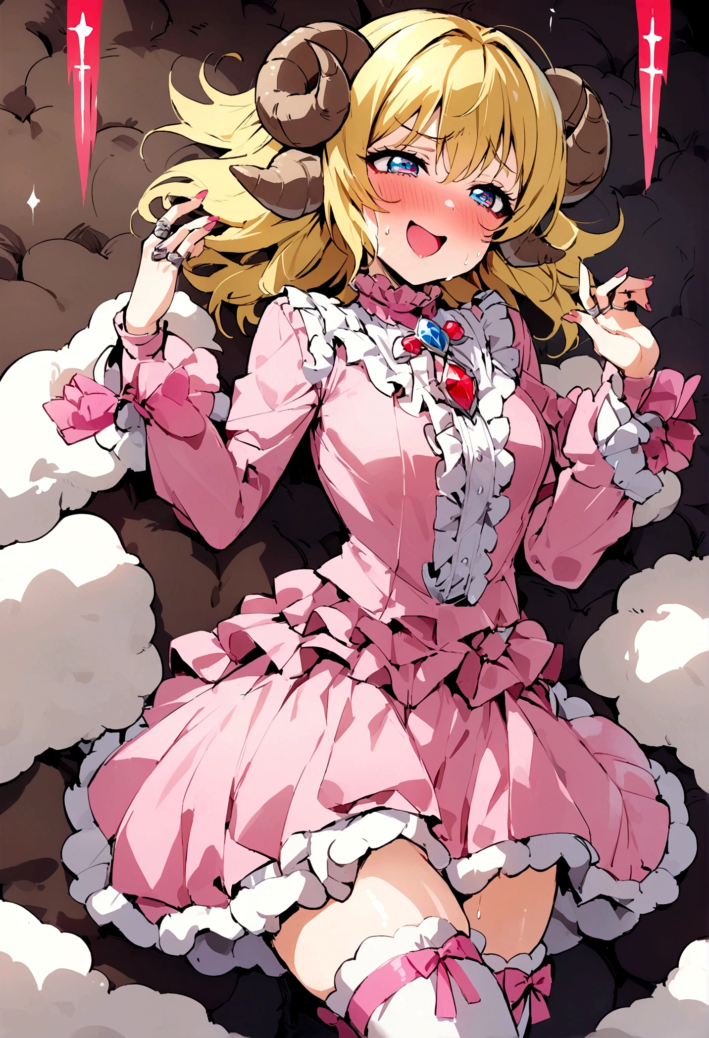 masterpiece, Highest quality, ((1 person)),Yellow Hair,Light blue eyes,Expression of agony,whole body,Manga style,Bob Hair,Landmine makeup,Eyes that feel,((Love Live Wind),Sheep horns on the head,Red corners of the eyes,Thigh High,Jiraikei,skirt,ring,gem,ピンク色Thigh High,Pink mouth mask,shirt,cross,ピンクskirt,Frills,Pink Gothic,ribbon,Pink Gothic,Long sleeve,A big smile of scheming,ringみたいに迫ってくる,The costume is pink,Too much exposure,Eroticism,Full Visible Milk