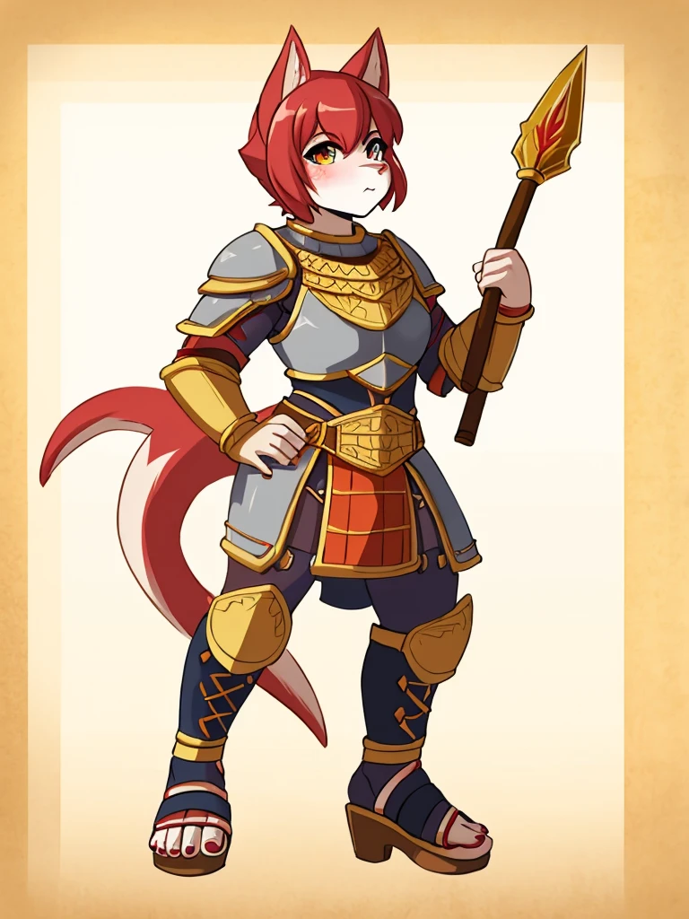 1girl, furry, furry_female, lizard_girl, solo, wearing full body plate armor, gladiator skirt, gladiator sandals, humanoid feet, holding a spear, nosebleed,bloody nose