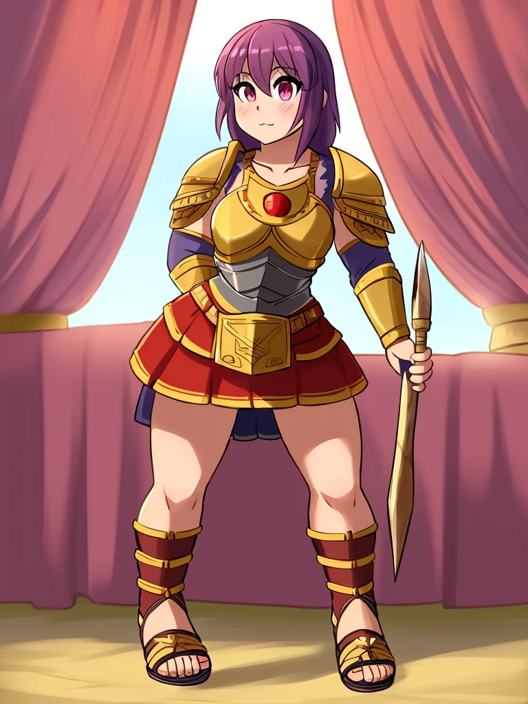 1girl, furry, furry_female, lizard_girl, solo, wearing full body plate armor, gladiator skirt, gladiator sandals, humanoid feet, holding a spear, nosebleed,bloody nose