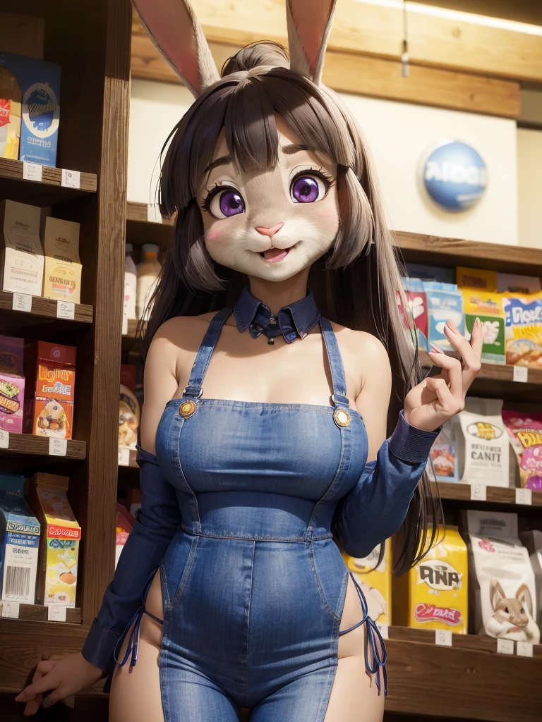 Highest quality, masterpiece, Ultra-realistic, Super detailed, Beautiful details, 4K, 8K, Photo realistic, Realistic lighting.
upper body shot,
Looking at Viewer, Looking at Camera,
((at convenience store)), store clerk, at midnight,
((Anthropomorphic rabbit)),
((woman body)),
((7 heads tall)),
((Rabbit woman)),
Detailed animals,
Complex patterns,
(Furry:1.35),
(All skin is grey:1.3),
(The body is fluffy and bushy:1.3),
Realistic fur,
Human hands,
BREAK
(((Judy Hopps face))),
((Aoki Reika facial expression)),
((ponytail)),
((see-through bangs)), bangs,
((dark brown hair color)),
Purple eyes,
{Eye highlights, Clear eyes, Eyes sparkling, round pupils},
Detailed Iris,
(Eyebrows raised:1.2),
(Crescent eyebrows:1.3),
(Rabbit ears:1.3),
raised corners of mouth.
BREAK
The lady is wearing denim pants.
((brown apron)) BREAK ((checked shirt)) BREAK ((blue denim pants)).
BREAK
(solo:1.5), (1girl:1.5).
Perfect Anatomy.
Lighting front, Lighting forward, Intricate details, Ray Tracing, Realistic,