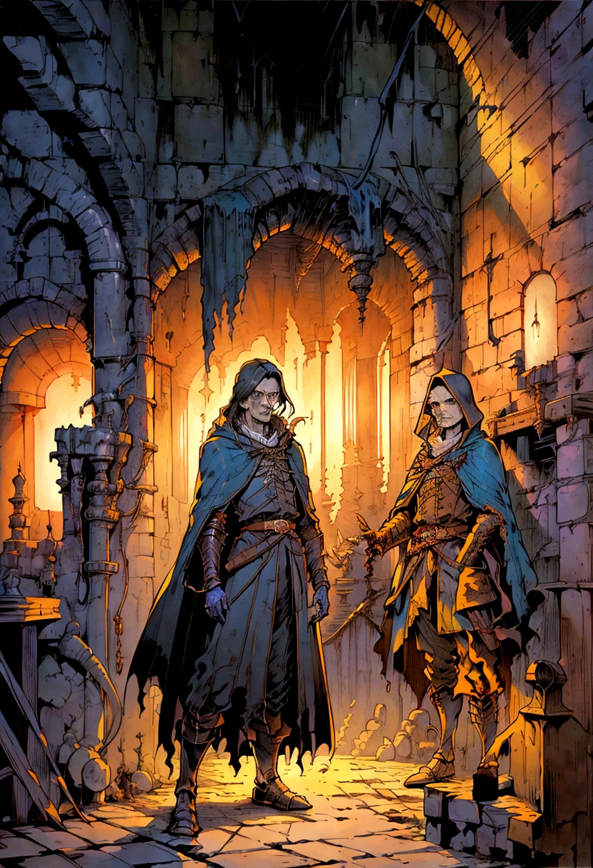 a painting of a man in a cloak standing in a room, michael whelan and gustave done, michael whelan and gustave dore, ted nasmith and marc simonetti, micheal whelan, by Michael Whelan, alan lee and marc simonetti, by Larry Elmore, michael whelan art, by the Brothers Hildebrandt, by Don Maitz
