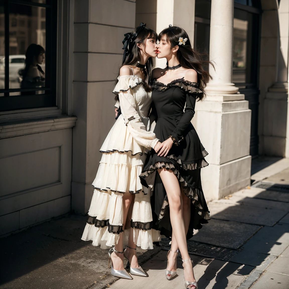 (best quality, masterpiece), photorealistic, perfect ???????, (two stunning young models are deeply in love with each other, kiss:1.3), full body, standing, long black straight hair, blunt bangs, smile, lo dress, long dress, layered dress, choker, bow, long sleeves, high heels, flower street