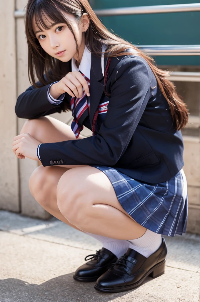 ((school uniform))  Beautiful woman squatting in underwear