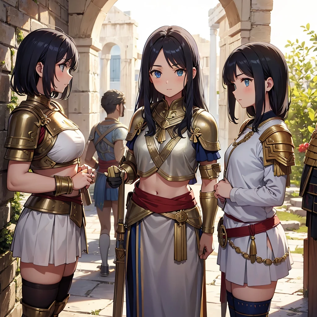 a beautiful Greek warrior standing guard at a door, Greek warrior, ancient Greece, classical Greece, hoplite, warrior woman, short skirt, light armor, black hair, blue eyes , green eyes