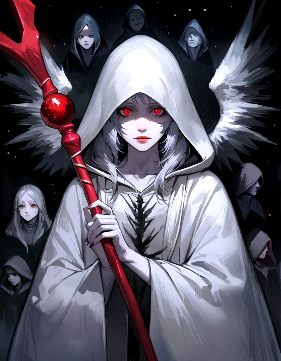 Create an impressionist painting of a scary white-skinned, hooded wizard, ruby staff with small wings at the tip,neve, cosmic ash, artistic, intrikate