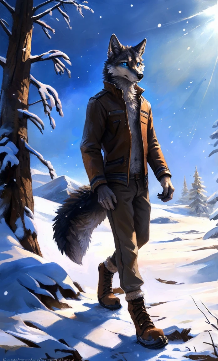 ((Solo)), male people, anthro wolf, (Multi-colored fur, White-brown:1.3,White tail pointed), (Height 2.1m,Tail length 1.2m), ((Wolf face, Big eyes, White eyelids, Blue pupil, Slim:1.2) (Tough, Calm expression:1.2)), Slim, pinging)), (Correct anatomy), (Winter clothing:1.1), The upper body naked, (detailed outfits),A long big tail,Feet,(Realistic fur, Detailed fur texture, labeled:1.3)), (Natural lighting), Photorealistic, Hyperrealistic, ultradetailed, by Kenket,Snowfield,erect through,Running on