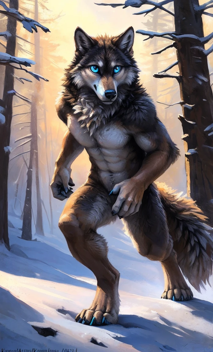 ((Solo)), male people, anthro wolf, (Multi-colored fur, White-brown:1.3,White tail pointed), (Height 2.1m,Tail length 1.5m), ((Wolf face, Big eyes, White eyelids, Blue pupil, Slim:1.2) (Tough, Calm expression:1.2)), Abs, Slim, pinging)), (Correct anatomy), Naked all over the body,A long big tail,Feet,(Realistic fur, Detailed fur texture, labeled:1.3)), (Natural lighting), Photorealistic, Hyperrealistic, ultradetailed, by Kenket,Snowfield,No artifacts, Running on