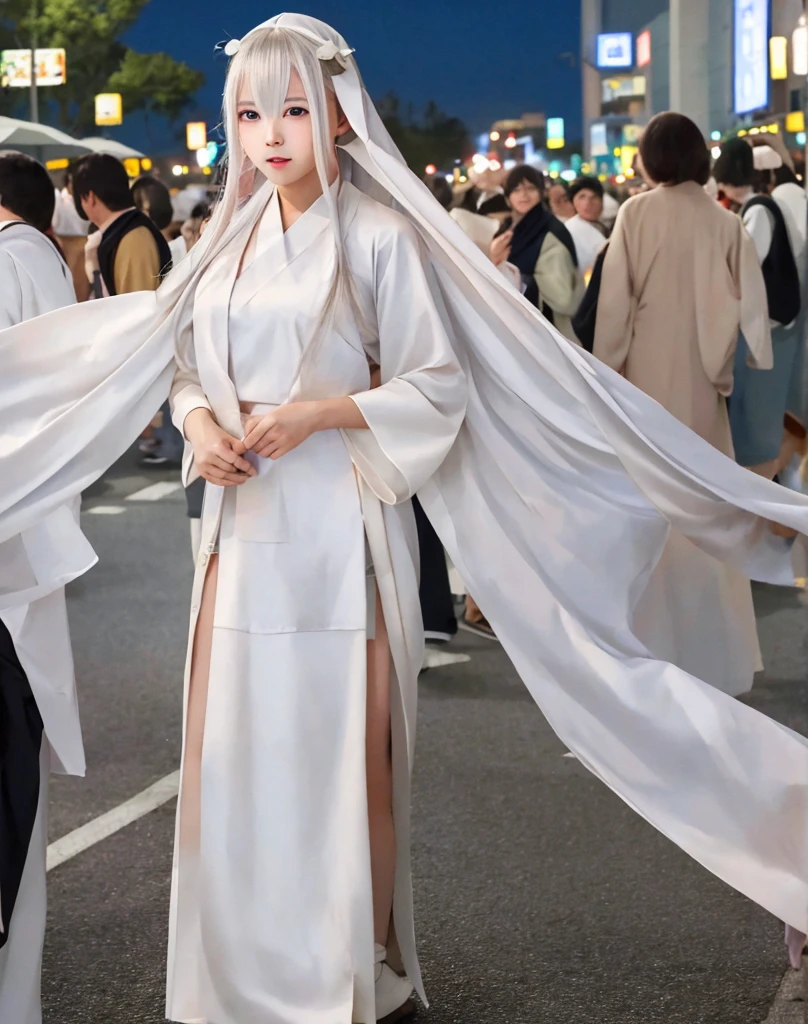 masterpiece, high quality, 8k raw, realistic, realistic eyes, アニメ, 1girl, nun, outdoors, ((night)), city, traffic, crowd,  look looking at viewer,  ulzzang-6500-v1.1_2 pureerosface_v1, There was a woman in a white dress and a pink scarf., アニメ cosplay, アニメ girl cosplay, white hanfu, white haired god, palace ， girl in hanfu, Thai girl anime, anime goddess, cosplay, ornate cosplay, Beautiful Fantasy Empress, cosplayer, elegant glamourous cosplay, cosplay photo, Japanese goddess, White Hime cut hairstyle, ayaka cosplay