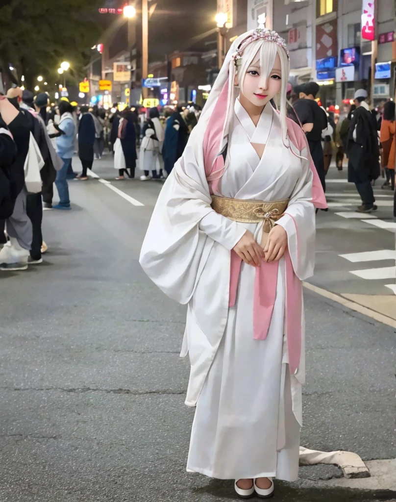 masterpiece, high quality, 8k raw, realistic, realistic eyes, アニメ, 1girl, nun, outdoors, ((night)), city, traffic, crowd,  look looking at viewer,  ulzzang-6500-v1.1_2 pureerosface_v1, There was a woman in a white dress and a pink scarf., アニメ cosplay, アニメ girl cosplay, white hanfu, white haired god, palace ， girl in hanfu, Thai girl anime, anime goddess, cosplay, ornate cosplay, Beautiful Fantasy Empress, cosplayer, elegant glamourous cosplay, cosplay photo, Japanese goddess, White Hime cut hairstyle, ayaka cosplay