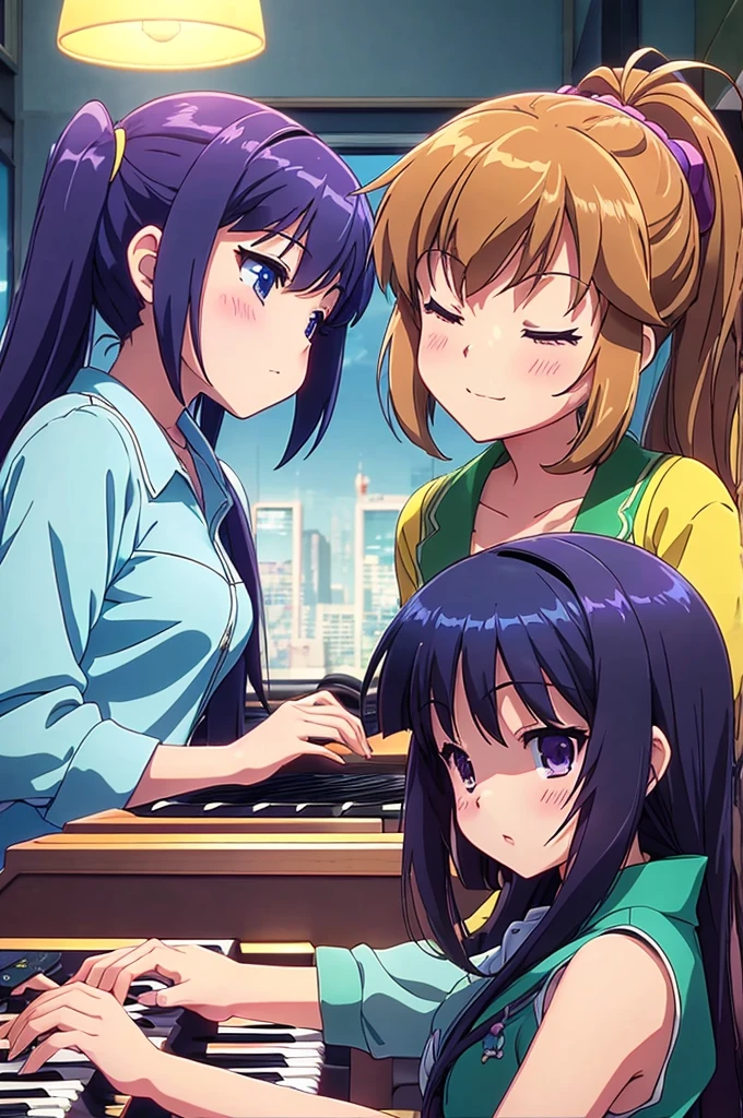 Create an anime Y2K aesthetic featuring two girls with their eyes closed, faces full of emotion, viewed from the front. One girl is playing a saxophone while other girl is playing a piano with expressive body movements, both immersed in sentimental, relaxing classical jazz music. Set the scene in a busy cafe atmosphere, evoking happiness and peace. The environment should have nighty, mysterious colors, with dreamy, playful cartoonish scenes. Use ambient occlusion to give it a 1992 anime screencap feel.