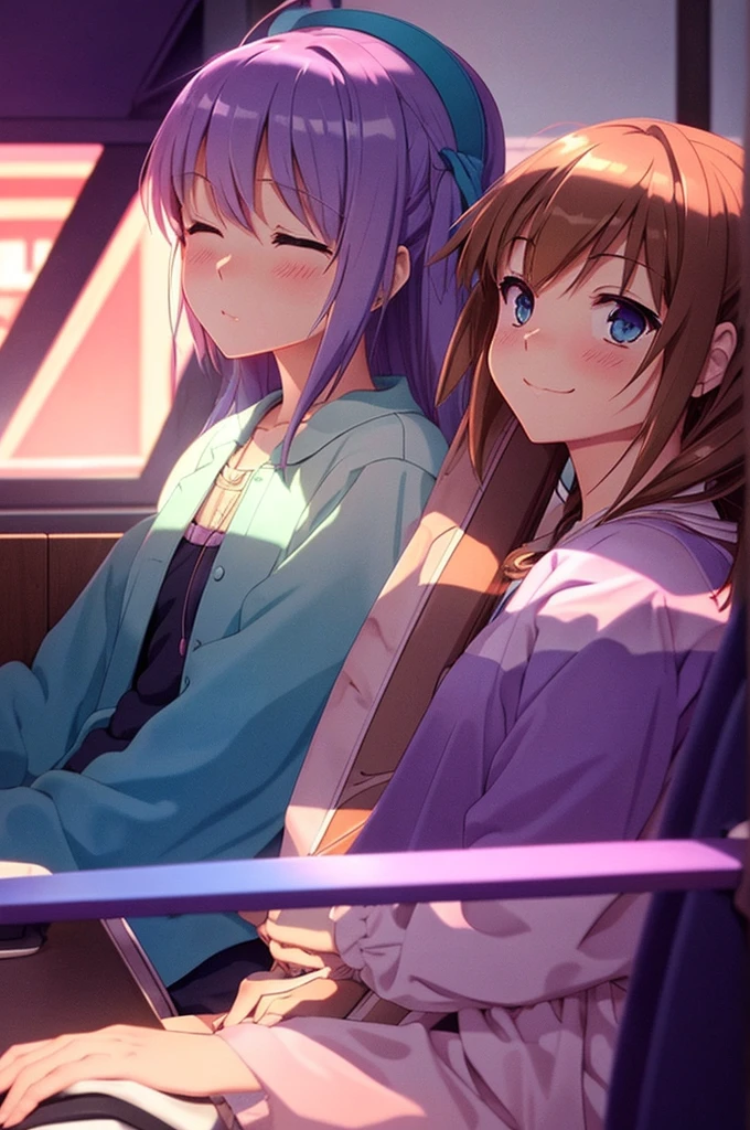 Create an anime Y2K aesthetic featuring two girls with their eyes closed, faces full of emotion, viewed from the front. One girl is playing a saxophone while other girl is playing a piano with expressive body movements, both immersed in sentimental, relaxing classical jazz music. Set the scene in a busy cafe atmosphere, evoking happiness and peace. The environment should have nighty, mysterious colors, with dreamy, playful cartoonish scenes. Use ambient occlusion to give it a 1992 anime screencap feel.
