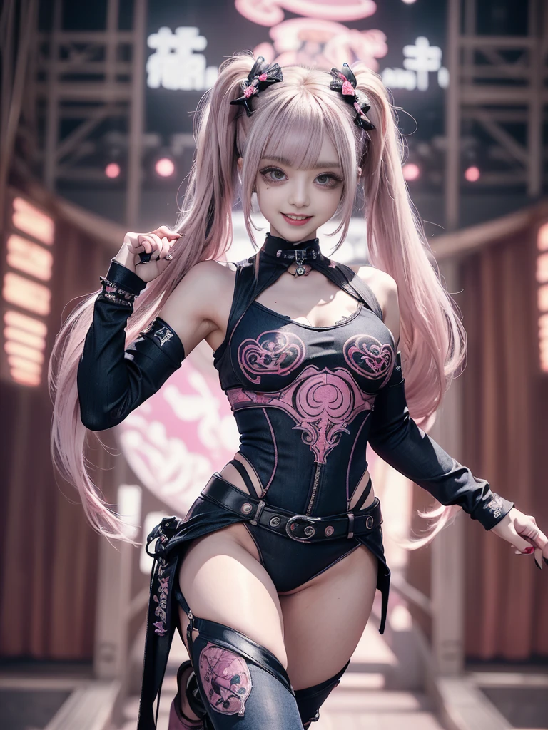 (Full Body View:1.2)、(lotus position:1.1)、(Smiling with teeth showing:1.3),(Shibuya Gal:1.5)、(Gothic Lolita style fashion:1.5)、(Punk RockVisual Kei:1.5)、(Wearing a rhythmic gymnastics bodysuit with intricate details:1.4)、(Racing suit and pants with intricate decorations in magenta, denim and wine red:1.5)、(Red, brown and white boots:1.3)、((belt))、(Numerous delicate logo marks all over the costume:1.4)、(collar:1.3)、(Striped underwear:1.5)、20-year-old、NSFW、((Highest quality、In 8K、masterpiece:1.3))、Sharp focus:1.2、(Layered Cut、Huge boobs:1.1),Beautiful woman with perfect figure:1.4、(Dancing vigorously:1.3)、Slender Abs:1.2、Highly detailed face and skin texture、Detailed eyes、double eyelid,(Twin tails:1.3)、(Pink and cream hair:1.3)、Gravure idol、(The background is the stage of the fashion show:1.3)、(Slim body:1.3),(Make your legs thinner:1.4),(clavicle:1.1)、(Thin and slim thighs:1.3)