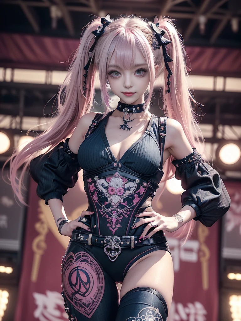 (Full Body View:1.2)、(lotus position:1.1)、(Smiling with teeth showing:1.3),(Shibuya Gal:1.5)、(Gothic Lolita style fashion:1.5)、(Punk RockVisual Kei:1.5)、(Wearing a rhythmic gymnastics bodysuit with intricate details:1.4)、(Racing suit and pants with intricate decorations in magenta, denim and wine red:1.5)、(Red, brown and white boots:1.3)、((belt))、(Numerous delicate logo marks all over the costume:1.4)、(collar:1.3)、(Striped underwear:1.5)、20-year-old、NSFW、((Highest quality、In 8K、masterpiece:1.3))、Sharp focus:1.2、(Layered Cut、Huge boobs:1.1),Beautiful woman with perfect figure:1.4、(Dancing vigorously:1.3)、Slender Abs:1.2、Highly detailed face and skin texture、Detailed eyes、double eyelid,(Twin tails:1.3)、(Pink and cream hair:1.3)、Gravure idol、(The background is the stage of the fashion show:1.3)、(Slim body:1.3),(Make your legs thinner:1.4),(clavicle:1.1)、(Thin and slim thighs:1.3)