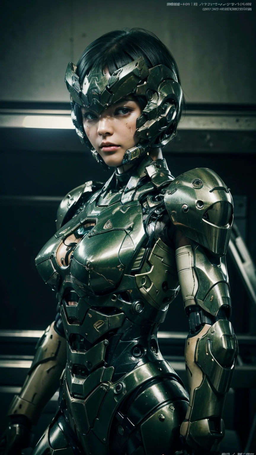 Textured skin, Very detailed, Attention to detail, high quality, 最high quality, High resolution, 1080P, hard disk, beautiful,(War Machine),beautifulサイボーグ女性,Mecha Cyborg Girl,Battle Mode,Girl with a mechanical body Black Hair Short Hair Boyish Dark green armor Soaked Face Change is over Met Off Steam coming out of the head Steam coming out of the whole body Painful expression Please open your mouth wide Snug-fitting headgear Sentai Pose Full body portrait Sole