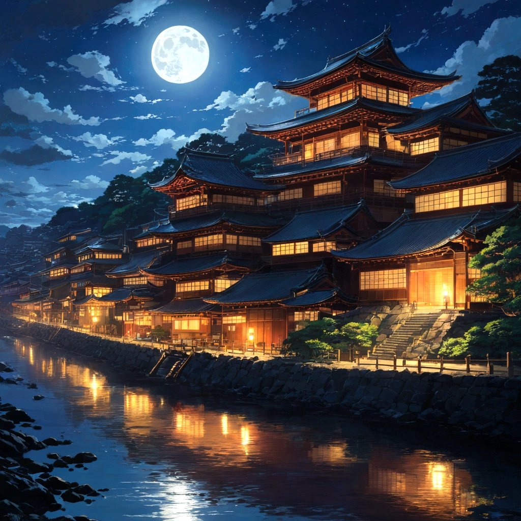 night空に浮かぶfull moonが、漆黒の闇に包まれた古都・Kyotoを、青白くFantasyに照らしている。 静かに流れるKamo Riverの上空に、A huge shadow creeps up。it is、Japan's oldest legendary creature、Yamata no Orochi。With eight heads and eight tails、巨大なdragonの姿をした恐るべき怪物だ。 Yamata no Orochiの燃え盛るような八つの赤い目は、Filled with rage that seems to burn everything down、I can almost hear the roar。In the huge body、It is covered with hard scales like the trunk of an old tree.、Overwhelming to see。 Kamo Riverの水面に映る八つの頭は、It shines red as if it is scorching the surface of the water.、Its appearance makes those who see it tremble with awe.。beautifulAnime Scenery, Landscape painting, beautifulデジタル絵画, Andreas Rocha, beautifulアートワークのイラスト, Awesome Wallpapers, Raymond Han, 背の高いbeautiful絵画, Studio Ghibli Makoto Shinkai, beautiful壁紙, Anime Scenery, Yamata no Orochi, Yamata no Orochi, dragon, Kyoto, Kamo River, Gion, full moon, night, Fantasy, beautiful, Powerful, That's horrible, Humans don't draw
