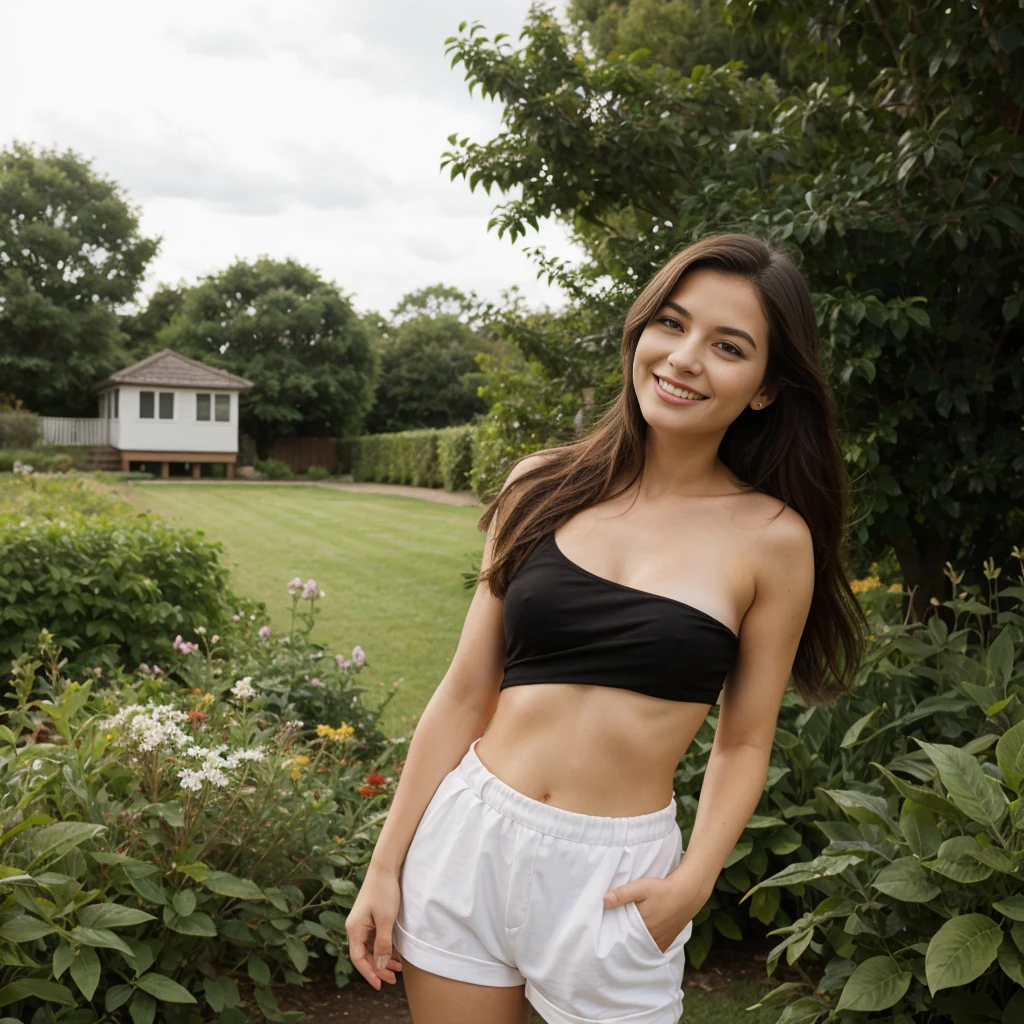((Full body shot)), a woman with shoulder hair in wind, in the style of pop inspo, small size breast, black lingery, smiling, garden, mario testino, close up, soft and dreamy, red ((Full body shot))