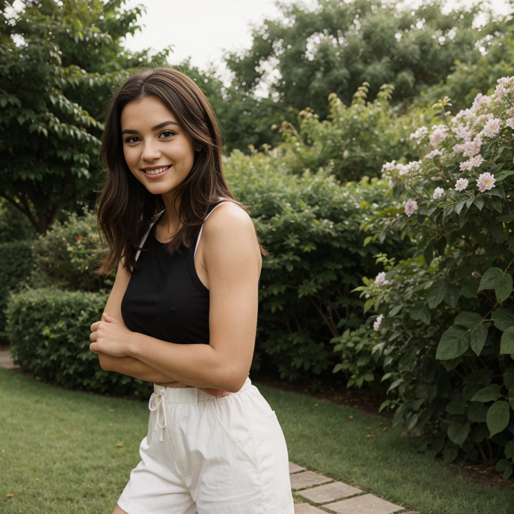 ((Full body shot)), a woman with shoulder hair in wind, in the style of pop inspo, small size breast, black lingery, smiling, garden, mario testino, close up, soft and dreamy, red ((Full body shot))