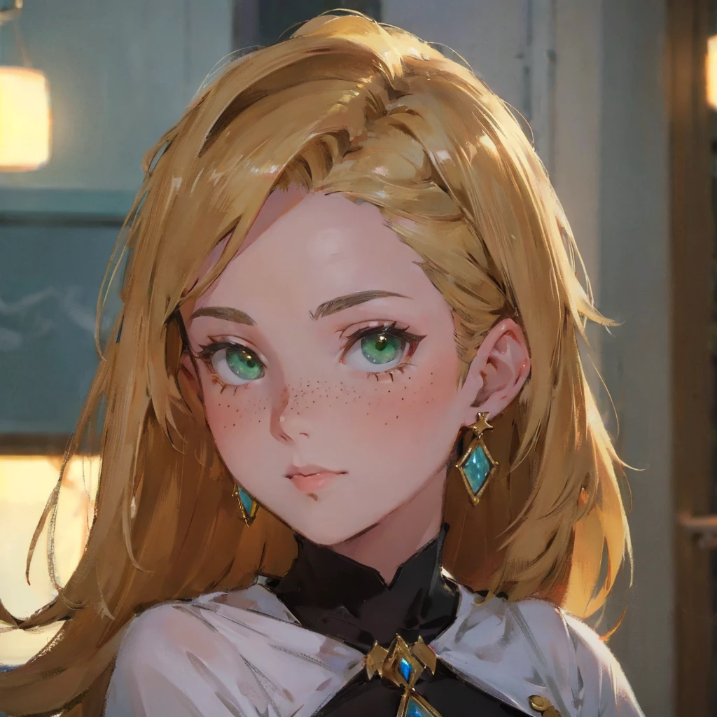 close-up shot of an adult woman named Katrai Sezanne, with medium long blonde hair, simmetric (green) eyes, (freckles), big glossy lips, diamond earrings, beautiful lights, iper-realistic, masterpiece, cinematic lighting, best quality, anatomically perfect.