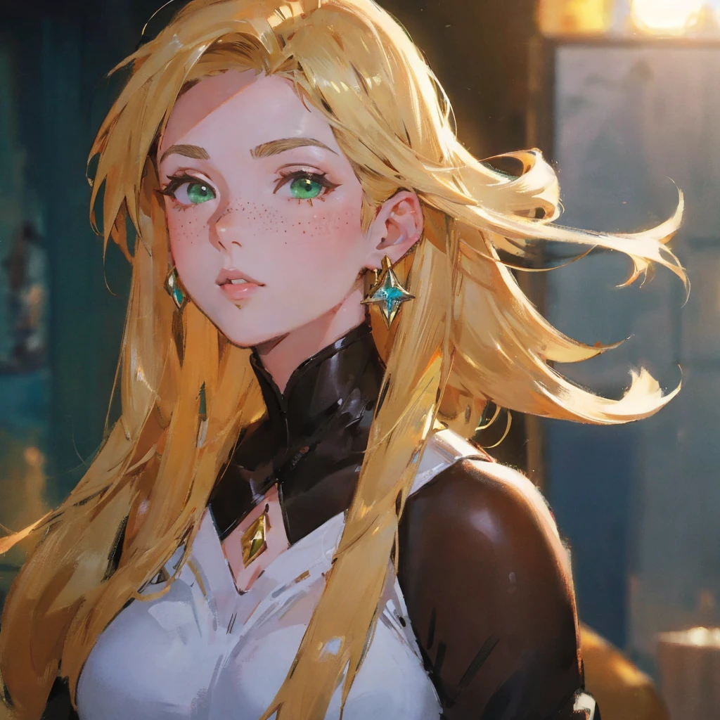 close-up shot of an adult woman named Katrai Sezanne, with medium long blonde hair,  simmetric (green) eyes, (freckles), big glossy lips, diamond earrings, beautiful lights, iper-realistic, masterpiece, cinematic lighting, best quality, anatomically perfect.