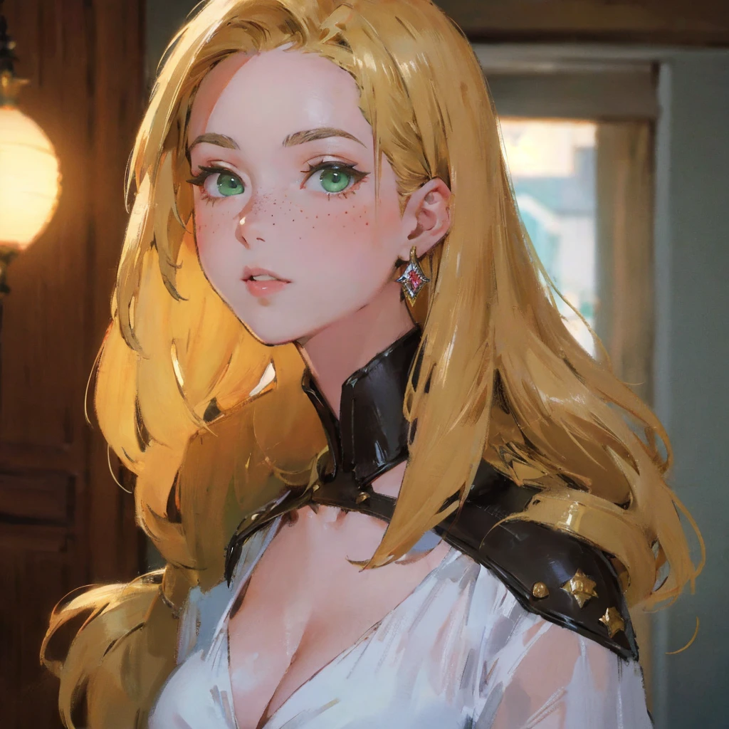 close-up shot of an adult woman named Katrai Sezanne, with medium long blonde hair, simmetric (green) eyes, (freckles), big glossy lips, diamond earrings, beautiful lights, iper-realistic, masterpiece, cinematic lighting, best quality, anatomically perfect.
