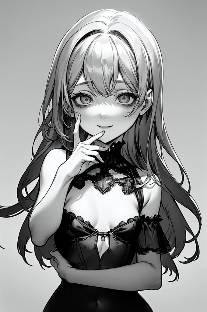 Highest quality, (Background details), High Contrast, Great beauty, Detailed original illustrations, Sensual, Delicate face, Charm, sexy, Real breasts, Small breasts, Crazy Smile, Crazy Eyes, attention arousal, White Background, (White Background: 1. 5), Beautiful line art, Monochrome