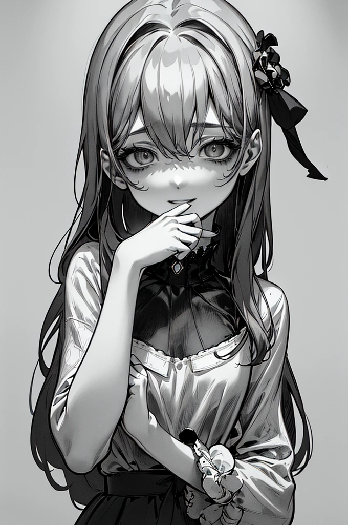 Highest quality, (Background details), High Contrast, Great beauty, Detailed original illustrations, Sensual, Delicate face, Charm, sexy, Real breasts, Small breasts, Crazy Smile, Crazy Eyes, attention arousal, White Background, (White Background: 1. 5), Beautiful line art, Monochrome