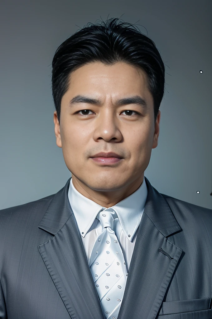 Highly realistic photo, ((masterpiece), (best quality), (raw photo), (photorealistic:1.4), Portrait of Vietnamese man, 50 years old, ((black hair slicked back)) , ((wearing a dark suit)), ((white shirt)), black tie, round black glasses, ((light blue background)), photo taken by Sony A7IV

