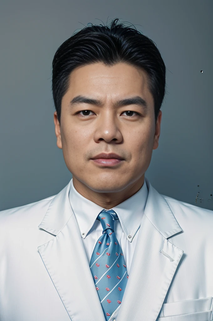 Highly realistic photo, ((masterpiece), (best quality), (raw photo), (photorealistic:1.4), Portrait of Vietnamese man, 50 years old, ((black hair slicked back)) , ((wearing a dark suit)), ((white shirt)), black tie, round black glasses, ((light blue background)), photo taken by Sony A7IV