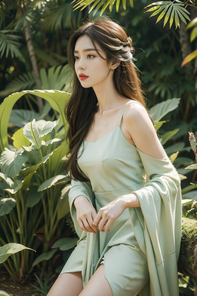(((best quality))),(((ultra detailed))),(((masterpiece))),illustration,1girl,solo,enchanting beauty, elegance, confidence,shoulder length straight hair,slim,thin,flat chest,small breasts,standing,vibrant red lipstick, sleek forest green dress, above knees, s intricate floral patterns, stylish boots, calf-high, adventure, lush prehistoric forest, Jurassic Park, (vibrant pink dinosaur:1.2), pastel scales, tall proud, long neck, massive rounded body, majestic presence, powerful legs, gentle intelligent eyes, unforgettable bond, towering ferns, lush undergrowth, captivating backdrop, vines, towering trees, delicate flowers, sweet scent, gentle rustling, soft melodic breeze, mystical, adventure, wonder, extraordinary encounter, timeless journey, etched in time, extraordinary encounters, unknown,((from front,upper body))
