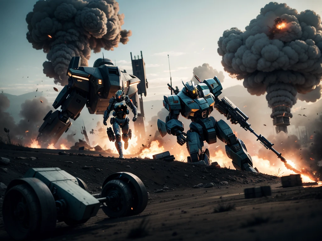 a highly detailed mecha, giant mech, futuristic mech, soldiers in combat gear, intense battle scene, explosions, anti-tank weapons, volumetric lighting, cinematic composition, dramatic lighting, muted color palette, gritty realistic style, epic scale, masterpiece, best quality, cinematic, photorealistic, 8k, hyper detailed