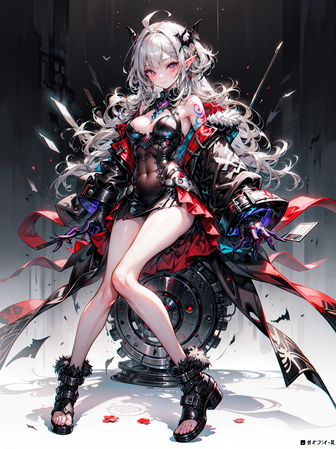 Realistic pictures of slaves (barbarian, Tribal, Dense forest)_vampire and (Gray Hair), bat fur, coat|wing, ((tooth)), Very colorful_detailed_(Tribal, Dense forest)_tight_(Lace, leather, fur, silk, satin, latex)_(clothing, skirt), High collar, detailed face, detailed beautiful shiny red eyes, elongated pupils, (((Fascinating laying))), Metal Reflection, ((tattoo, Marked)_and_The Shining_Runes)_fit_Muscular_body, Shiny skin, Tropical city ruins fog, (((One girl))), Portraiture, (full body), Natural Breasts, medium length Gray Hair, masterpiece, Highest quality, beautifully、aesthetic:1.2, Fractal Art:1.4, 16K, High resolution, RTTX 10.0, Ray Tracing, Radio City, Anisotropic Filtering, Scattered beneath the surface、Machine Armor、Blake、（Dark Elf), (1 girl), alone, Perfect Face, Get used to it, Ahoge, ((Long Hair:1.2)),[[Messy Hair]], Shiny blonde white hair, Purple eyes, Variegated eyes, Colorful Hair, Shining Eyes, (eyelash, eye shadow, pink eye shadow), bright, smile, Design Art：Haruhiko Mikimoto, by Kawashi, By Yoshitaka Amano