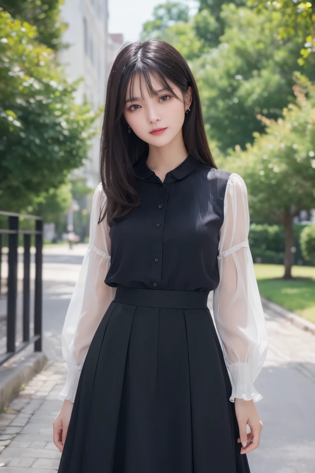 ((Best image quality、8K、masterpiece:1.3))、Realistic high-quality photos、Highest quality、Beautiful and graceful face and eyes、Black Hair、Shiny Hair、 OL、Wearing a short-sleeved blouse、Wear a long skirt、Full Body Shot.