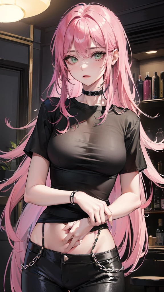 Photograph of the upper body of a beautiful woman, , [see through] , (big breasts), (small waist, perfect body), Sharp focus, (tall body, mature woman), ((Looking ahead)), (Highly detailed skin, hair follicles:1.4,) (pink long hair,green eyes) , (black t-shirt:1.47),(Pants stand)chain,punk rock