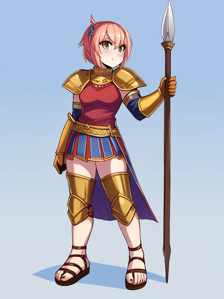 1girl, furry, furry_female, lizard_girl, solo, wearing full body plate armor, gladiator skirt, gladiator sandals, humanoid feet, holding a spear, nosebleed,bloody nose