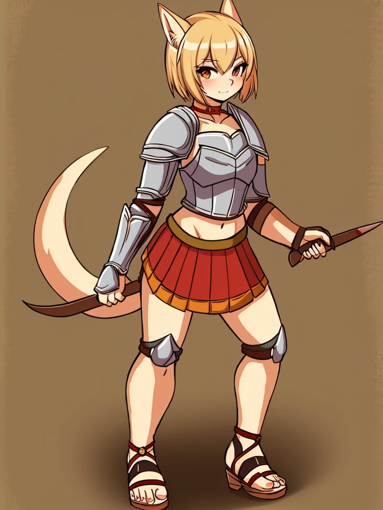 1girl, furry, furry_female, lizard_girl, solo, wearing full body plate armor, gladiator skirt, gladiator sandals, humanoid feet, holding a spear, nosebleed,bloody nose